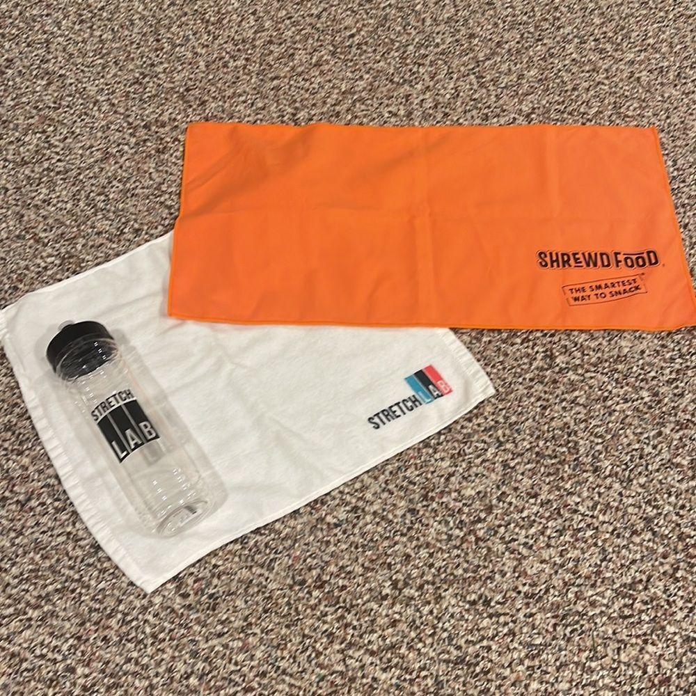 Stretch Lab Water Bottle, Small Towel & Orange Towel
